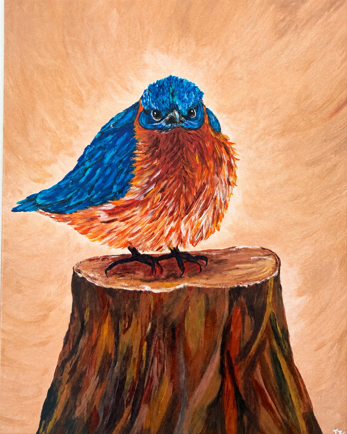 Painting of a colorful bird, with blue head and wings and orange and red chest, perched on a tree stump against a warm brown background.