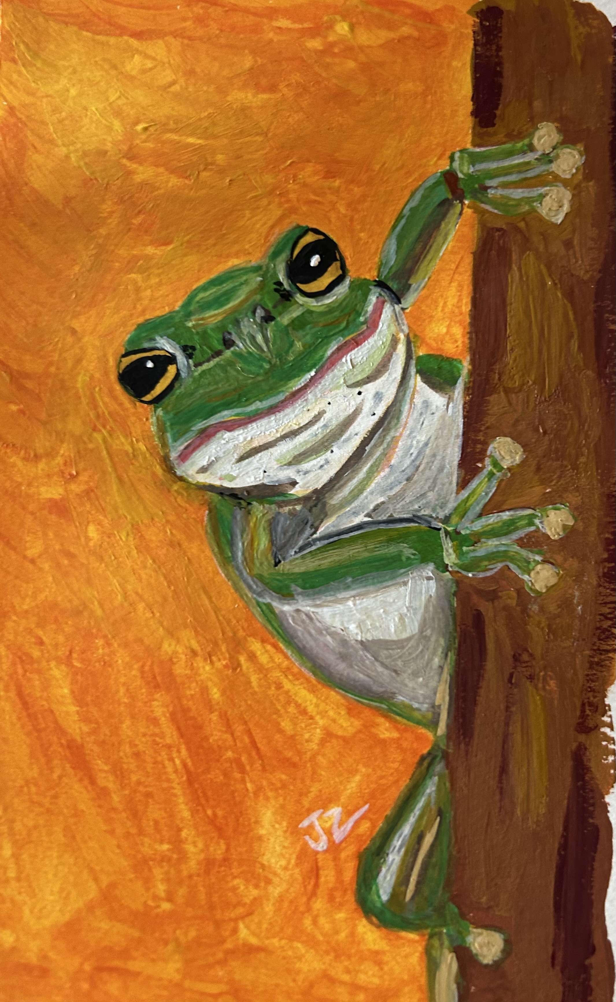 Watercolor painting of a green frog climbing a brown tree trunk against an orange background.