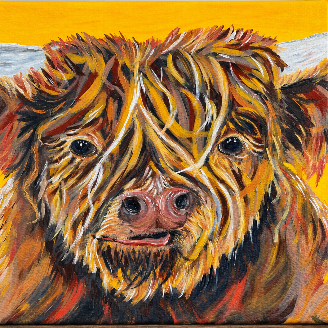 A colorful abstract painting of a highland cow with long hair against a yellow background.