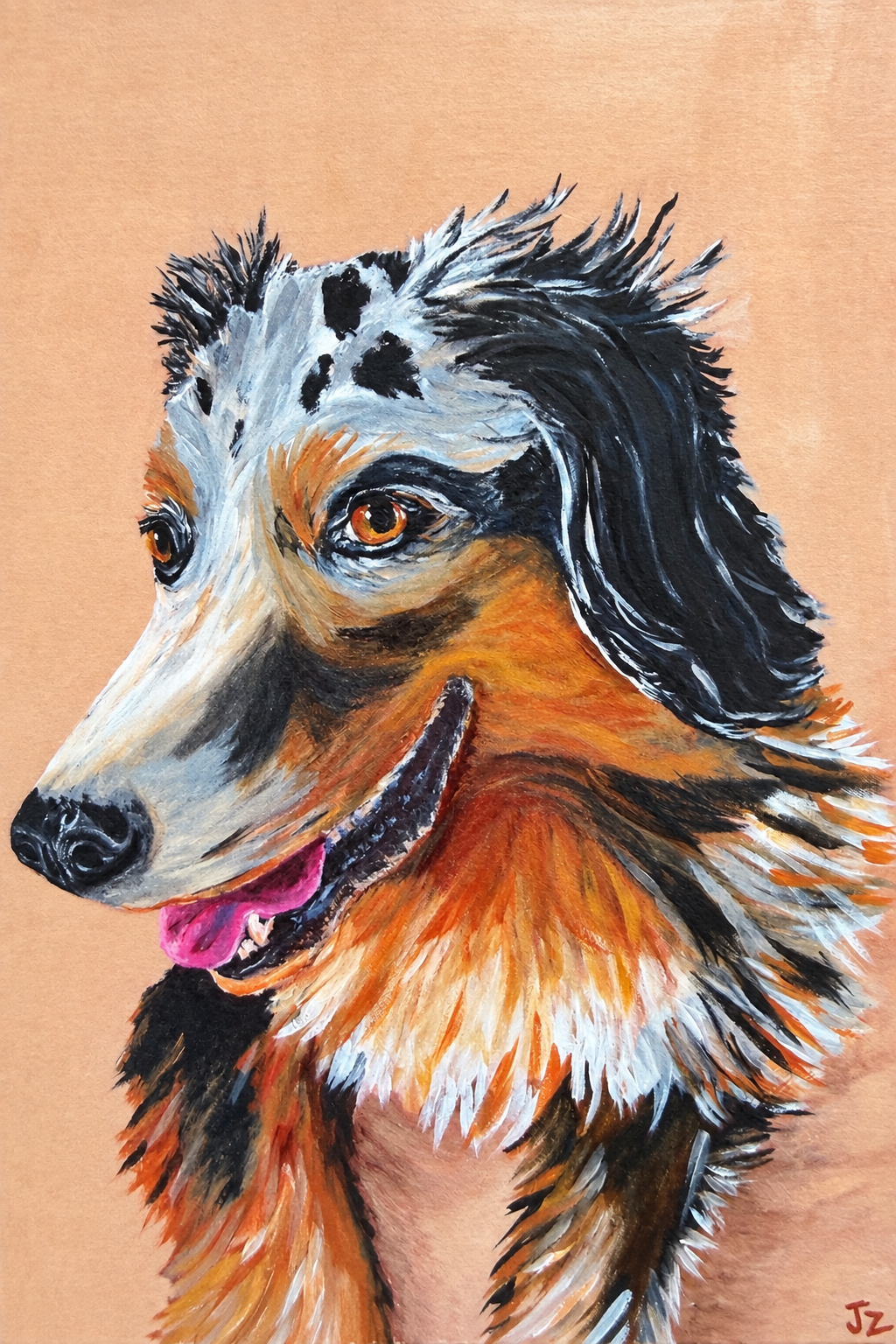 A colorful painting of a dog with a varied coat of black, white, and orange fur, looking to the side with its tongue slightly out.