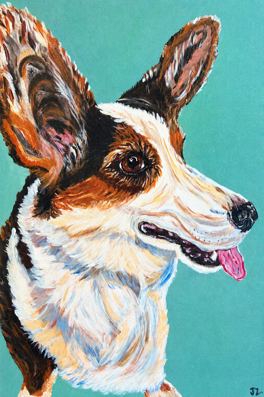 A detailed painting of a corgi with a focus on the head and face, showing expressive eyes, large ears, and a slightly open mouth with the tongue sticking out, set against a teal background.