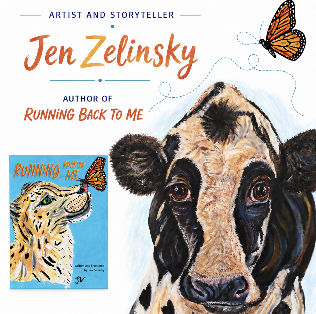 Book cover for "Running Back to Me" by Jen Zelinsky. The cover features a portrait of a dog with expressive eyes and black and tan fur, alongside an illustrated tiger with green eyes. A butterfly is flying above the tiger, and a smaller version of the book cover is shown in the bottom left corner.