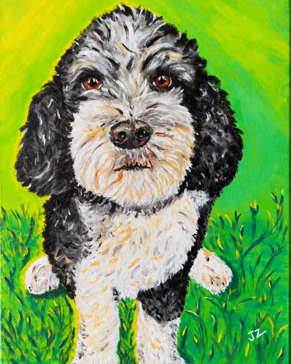 Painting of a black, white, and gray dog sitting on green grass with a yellow-green background.