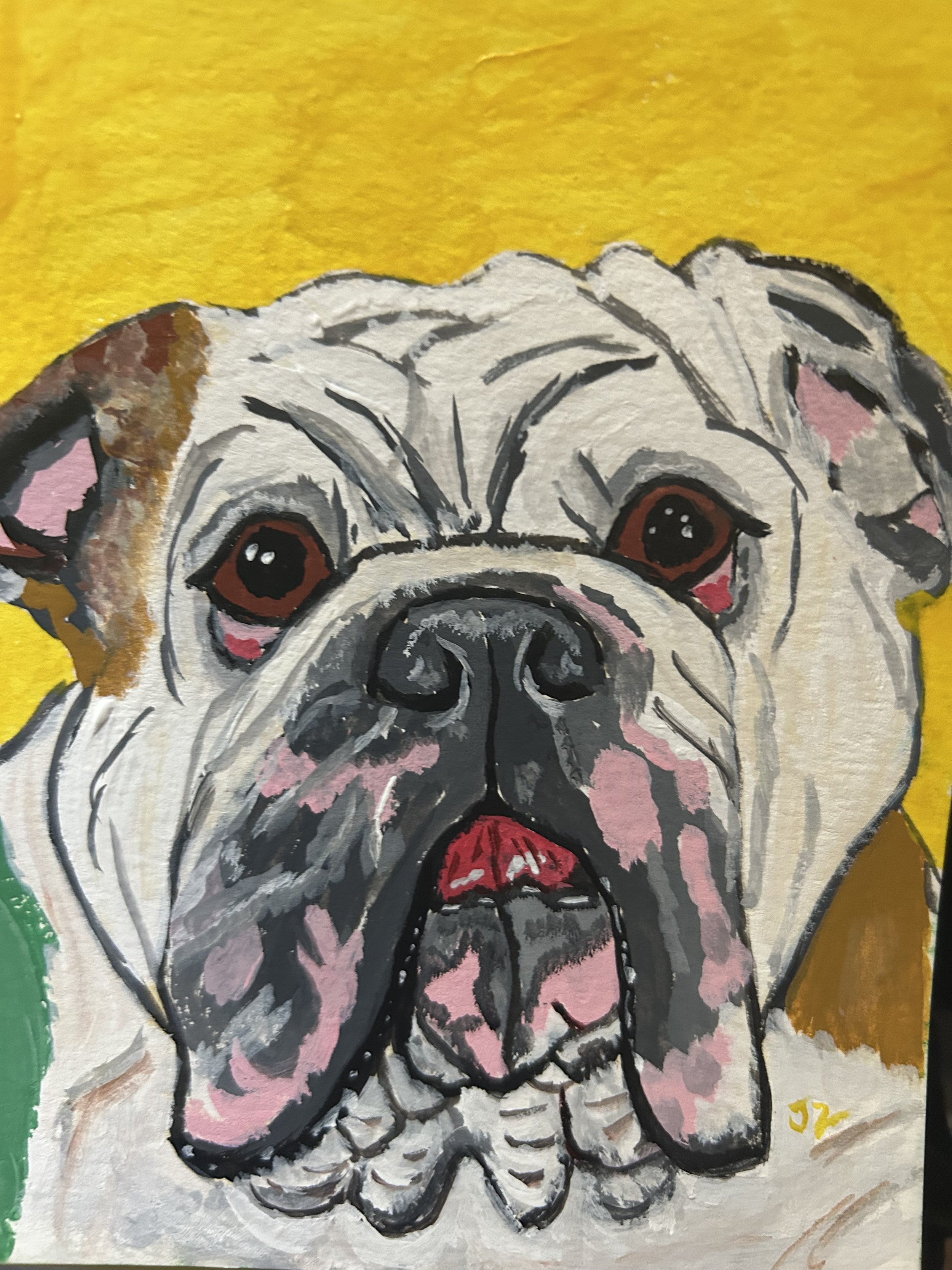 Watercolor painting of a bulldog with a yellow background, featuring detailed facial features and expressive eyes.
