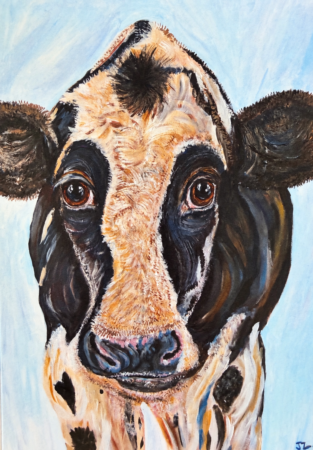 Close-up of a painted portrait of a cow with a light blue background, showing detailed features including large, expressive eyes, a pink nose, and black and white fur.