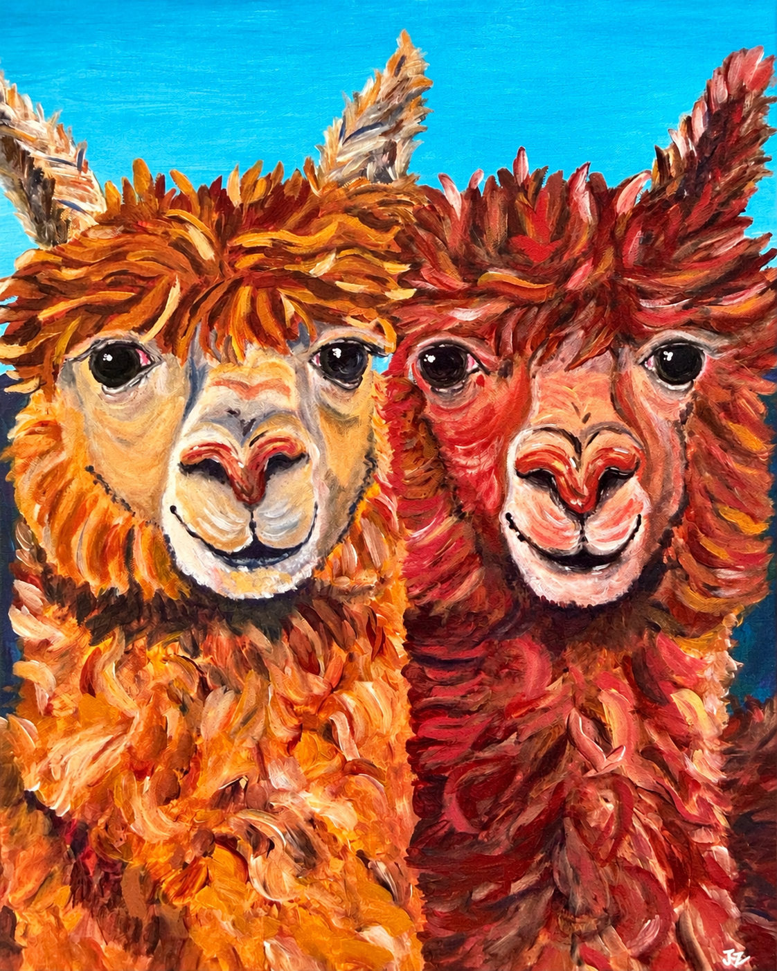 Colorful painting of two alpacas with brown and reddish fur against a bright blue background.