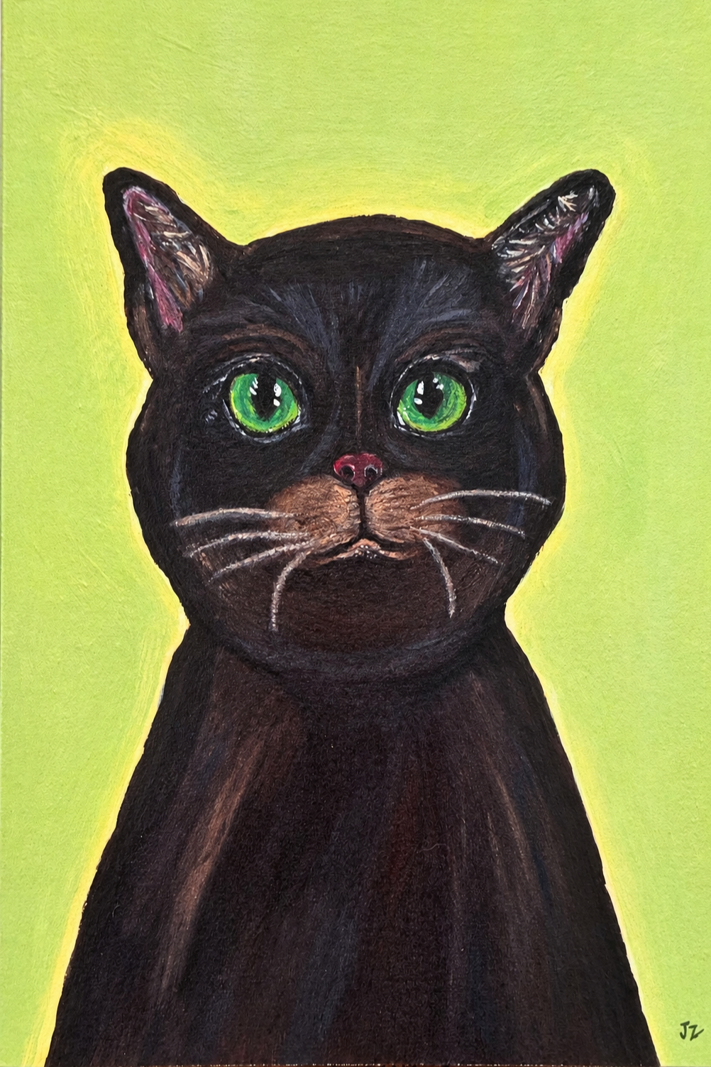 Painting of a black cat with green eyes and a pink nose against a yellow-green background.