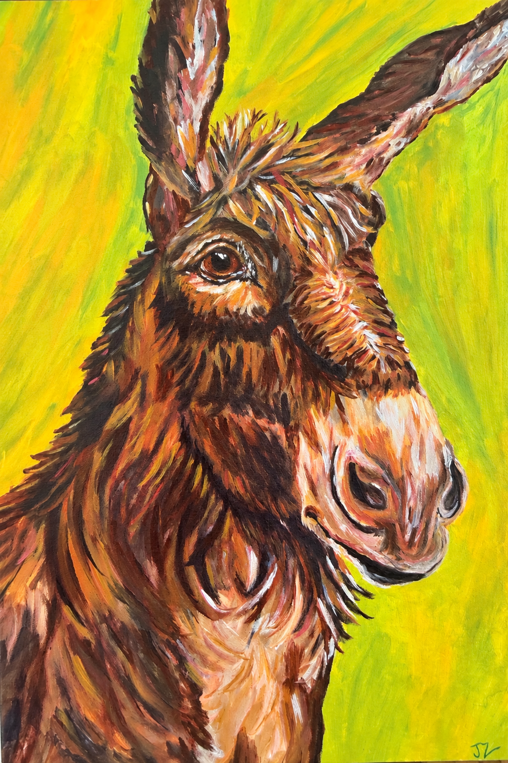 Expressive acrylic painting of a donkey against a bright yellow background.