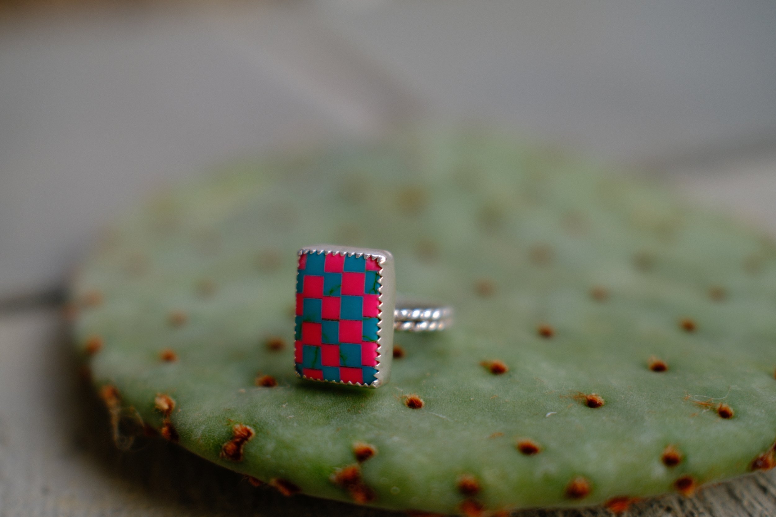 Checkerboard Pink & Turquoise Statement Ring