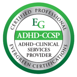 ADHD-CCSP certification badge – Certified Professional ADHD Clinical Services Provider credential from Evergreen Certifications, Maryland therapist