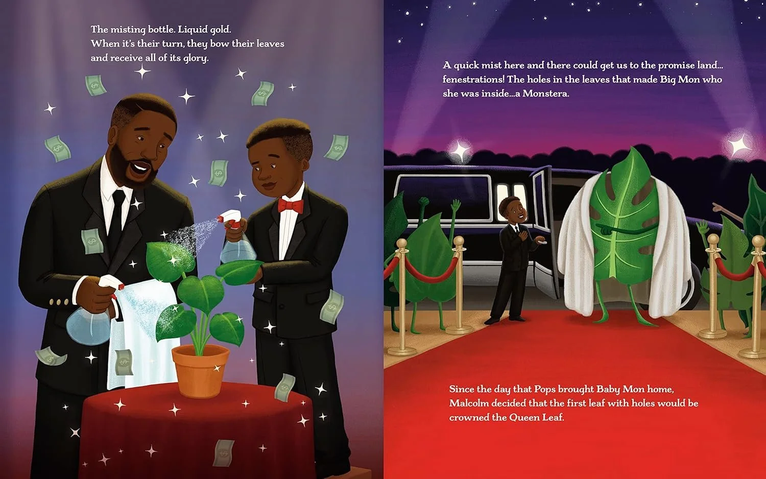 Malcolm and his Pops take care of their monstera plant, surrounded by glitz and glamour. From Good Things, written by Maryah Greene and illustrated by Alleanna Harris.