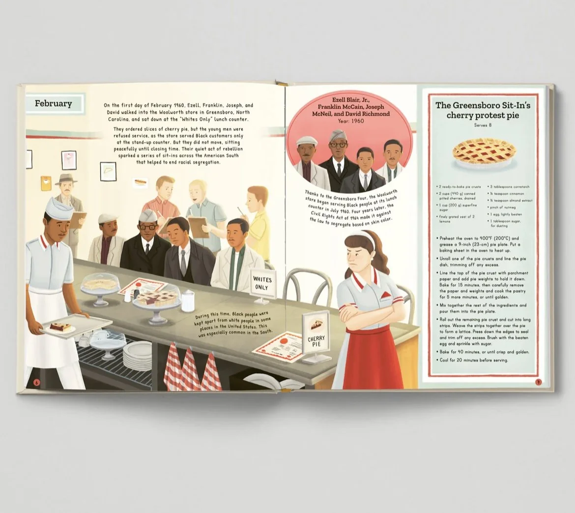 A scene of the Greensboro Four sitting in at the Woolworth lunch counter. The recipe is for cherry pie.