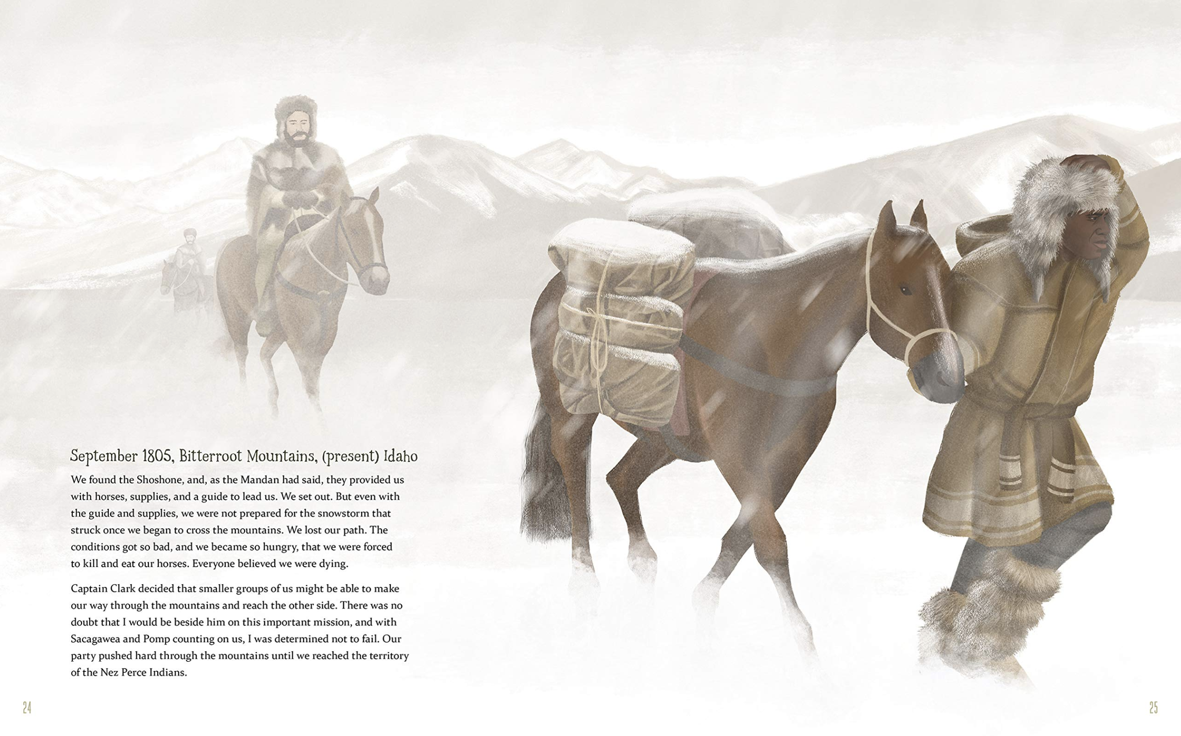 York leads the Lewis and Clark Expedition through a snowstorm in the Bitterroot Mountains in present day Idaho. From the picture book The Journey of York, written by Hasan Davis and illustrated by Alleanna Harris.