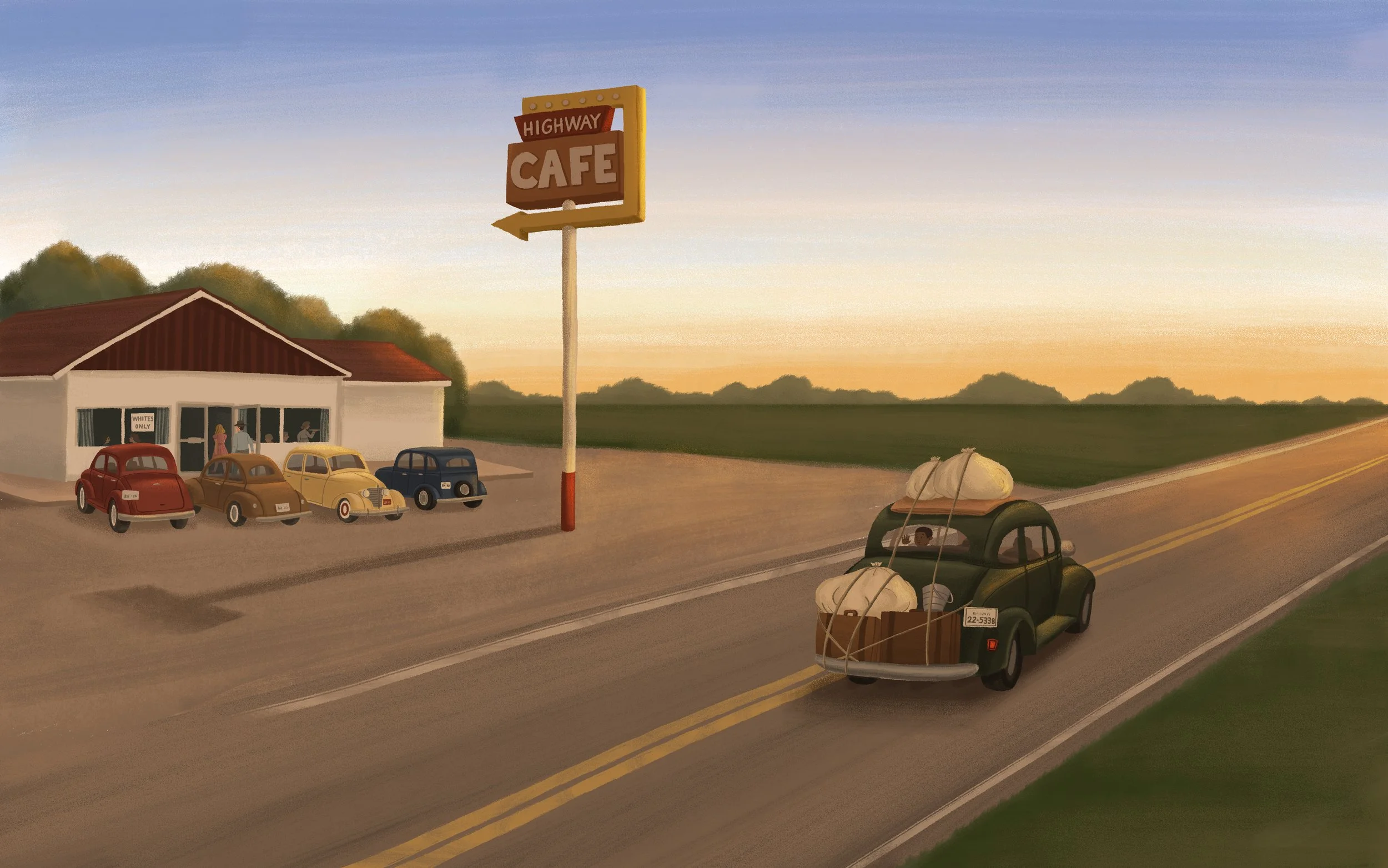 A Black family with a car full of their belongings drives past a segregated highway cafe. From Opening the Road, written by Keila V. Dawson and illustrated by Alleanna Harris.