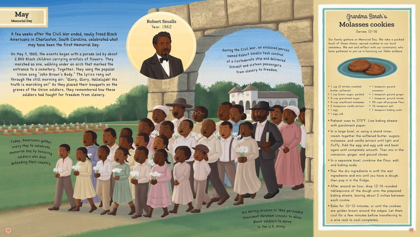 Newly freed Black Americans celebrate the first Memorial Day. From Cooking Up Change by Michael Platt and illustrated by Alleanna Harris.