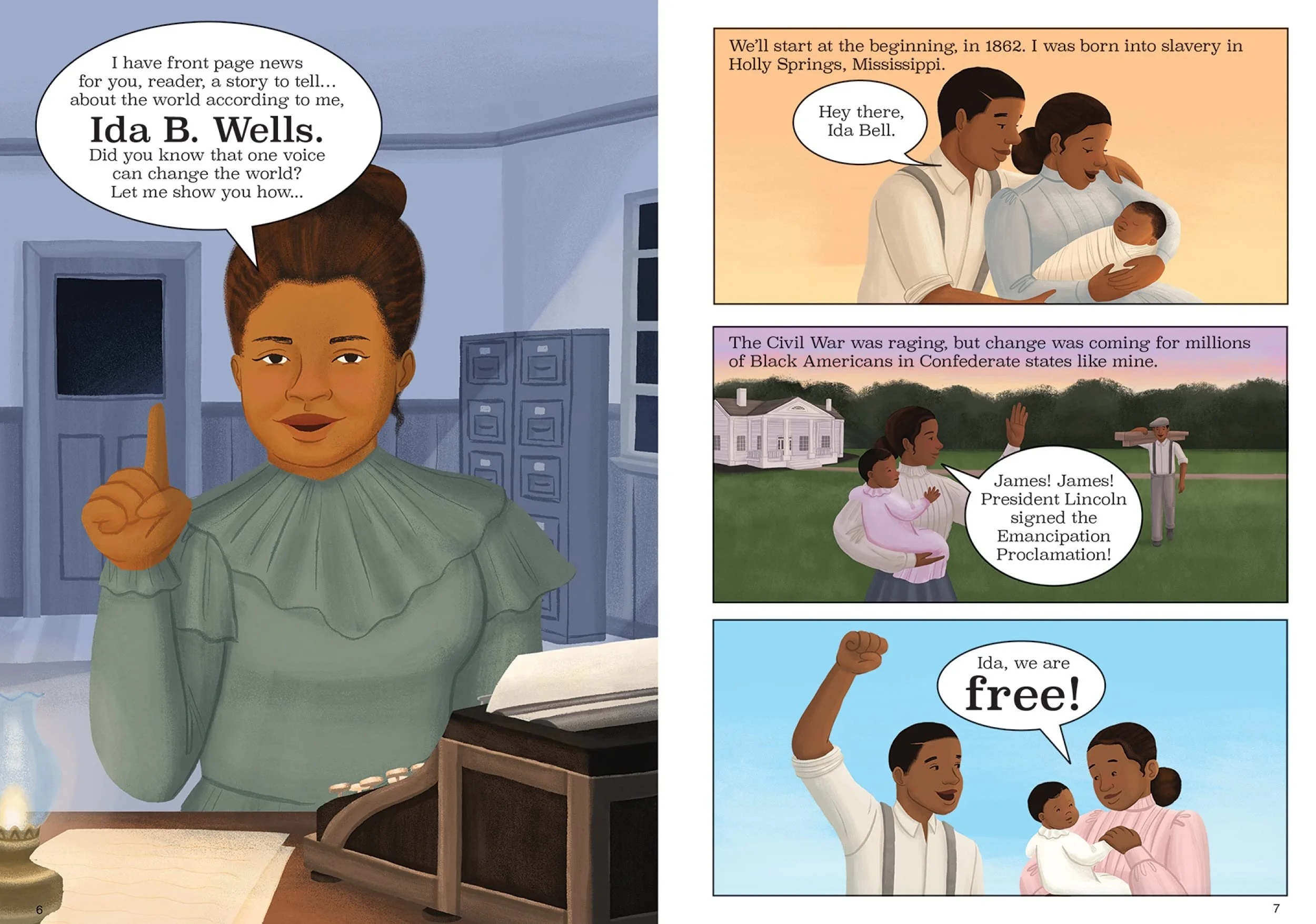 Panels show the early beginnings of Ida B. Wells in Holly Springs, Mississippi. From It's Her Story: Ida B. Wells, written by Anastasia Magloire Williams and illustrated by Alleanna Harris.
