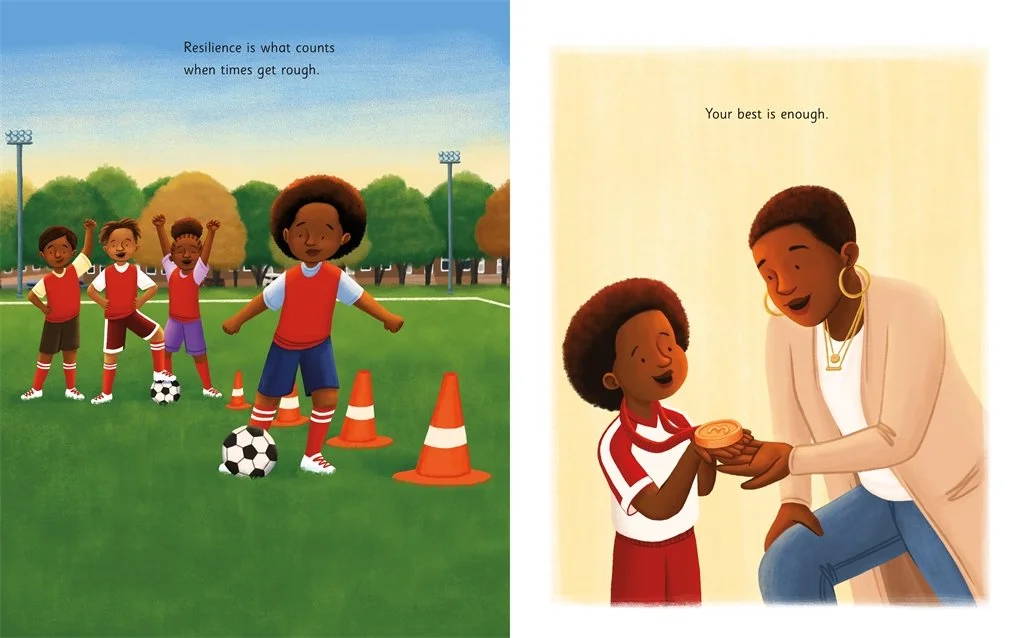 The little boy practices soccer and then shows his mom his bronze medal. From All the Greatness in You by Tameka Fryer Brown and illustrated by Alleanna Harris.