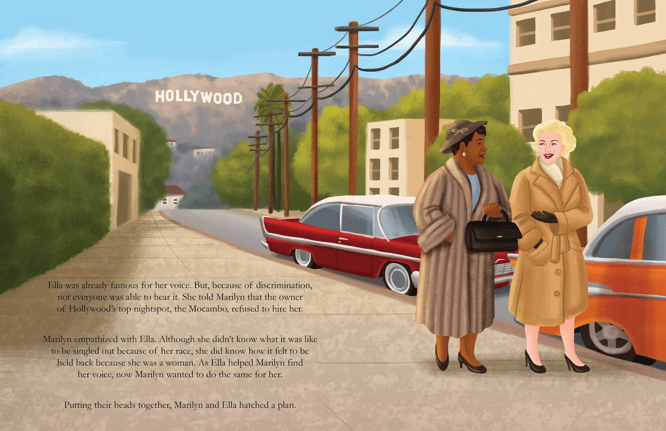 Ella Fitzgerald and Marilyn Monroe put their heads together. From the picture book Making Their Voices Heard, written by Vivian Kirkfield and illustrated by Alleanna Harris.
