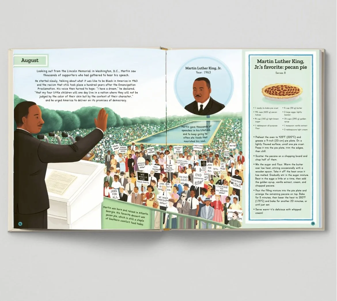 Martin Luther King, Jr. waves to the crowd at the Lincoln memorial in Washington DC. The recipe is for pecan pie.