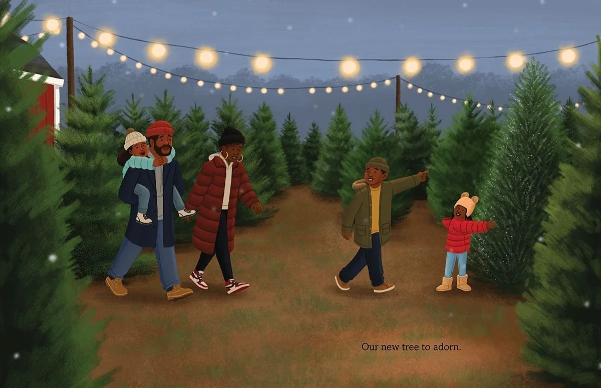 The Jones family picks their live Christmas tree at the Christmas tree farm. A sneak peek from the picture book O Holy Night, written and illustrated by Alleanna Harris.
