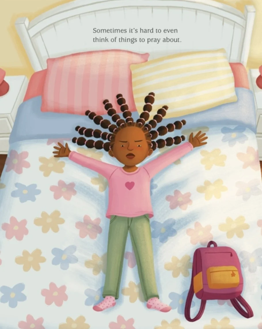 A young Black girl lays on her bed, annoyed. From Prayer Is, written by Tameka Fryer Brown and illustrated by Alleanna Harris.