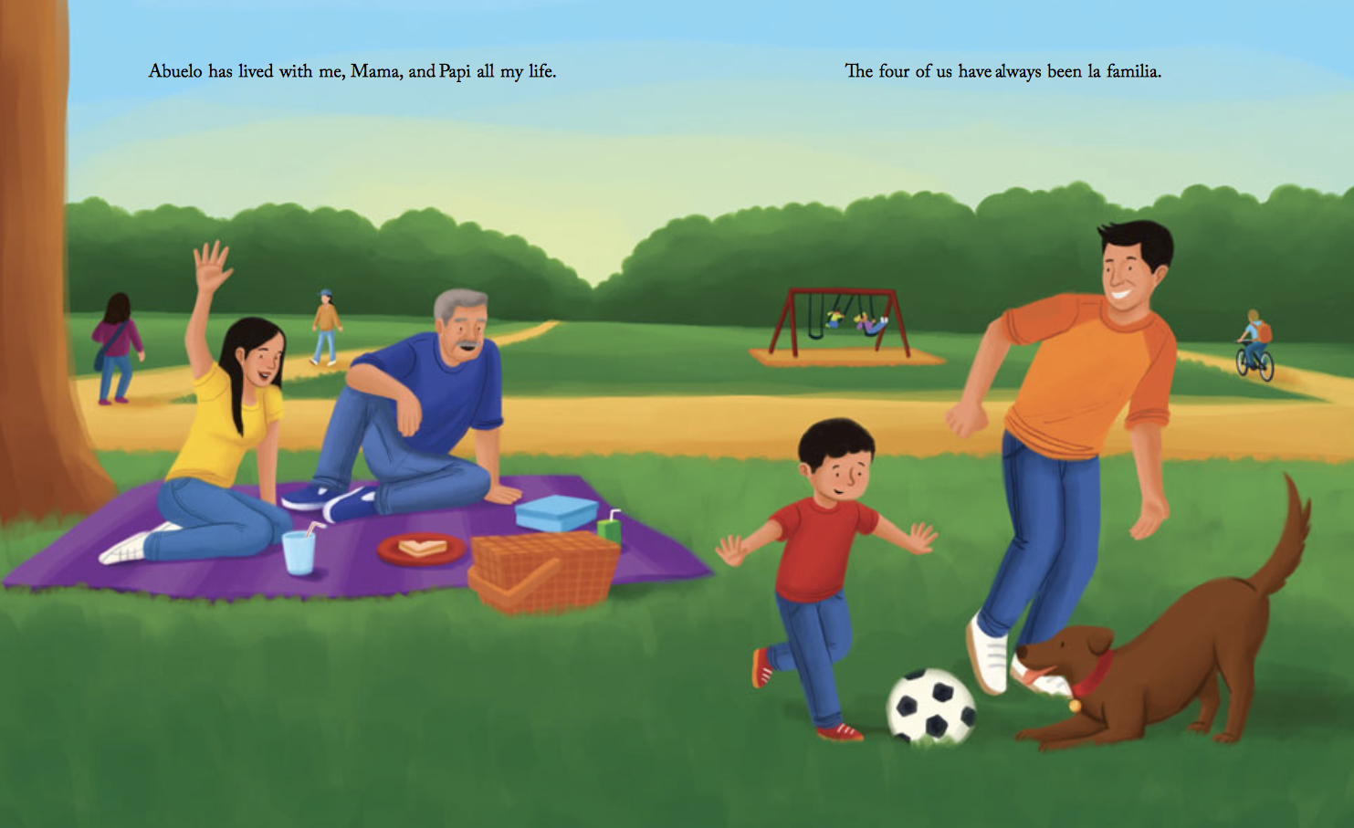 Luis and his Papi play soccer in the park as his Mami and Abuelo look on. From the picture book The Day Abuelo Got Lost, written by Diane de Anda and illustrated by Alleanna Harris.