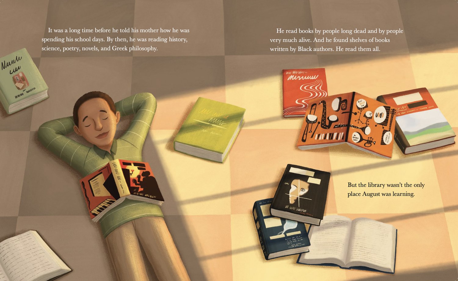Young August Wilson lays on the floor of the library, surrounded by books. From A Song for August, written by Sally Denmead and illustrated by Alleanna Harris.