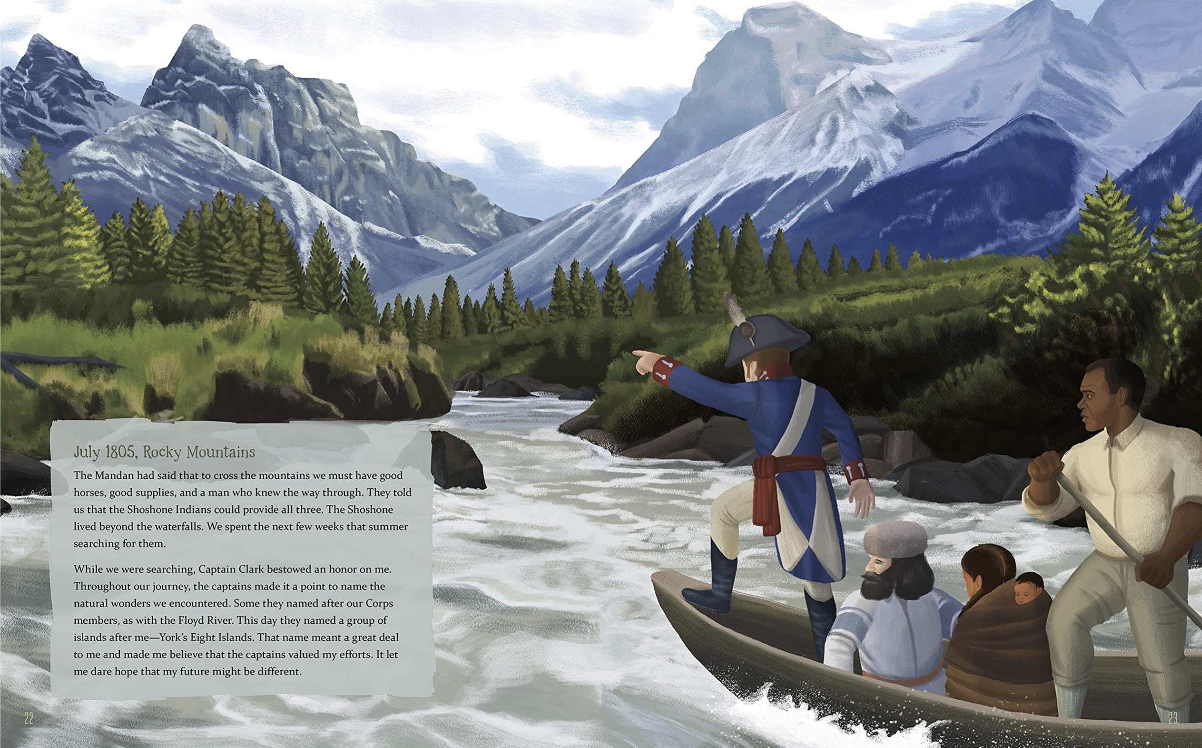 Lewis and Clark travel towards the Rocky Mountains on boat with Sacagawea and York. From the picture book The Journey of York, written by Hasan Davis and illustrated by Alleanna Harris.