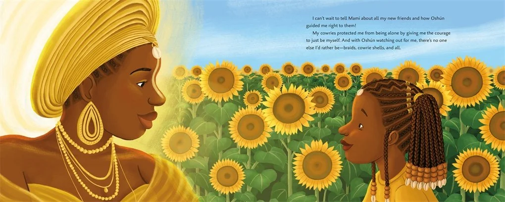 Oshún and Yadira look at each other in a sunflower patch. From Oshún and Me by Adiba Nelson and illustrated by Alleanna Harris.