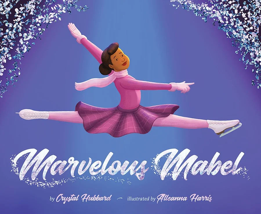 Mabel Fairbanks leaps midair while ice skating. She wears a pink sweater, pink plaid skirt, pink tights, and white ice skates in front of an icy blue background.