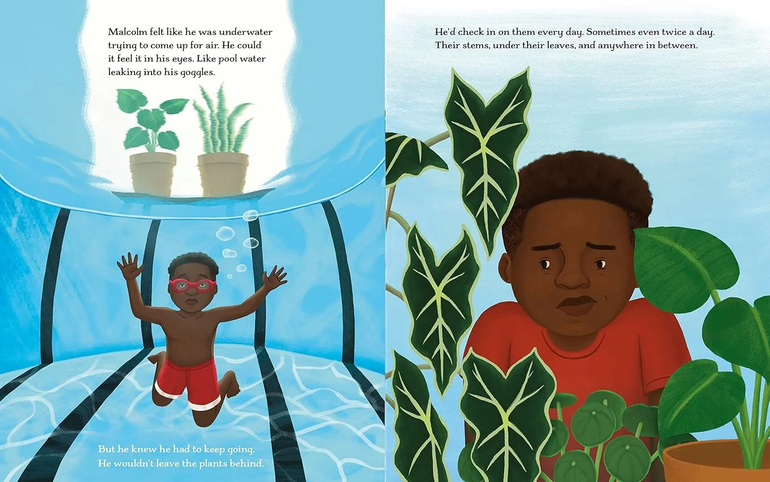Malcolm felt like he was underwater but he had to keep going and check on his Pops' plants. From Good Things, written by Maryah Greene and illustrated by Alleanna Harris.