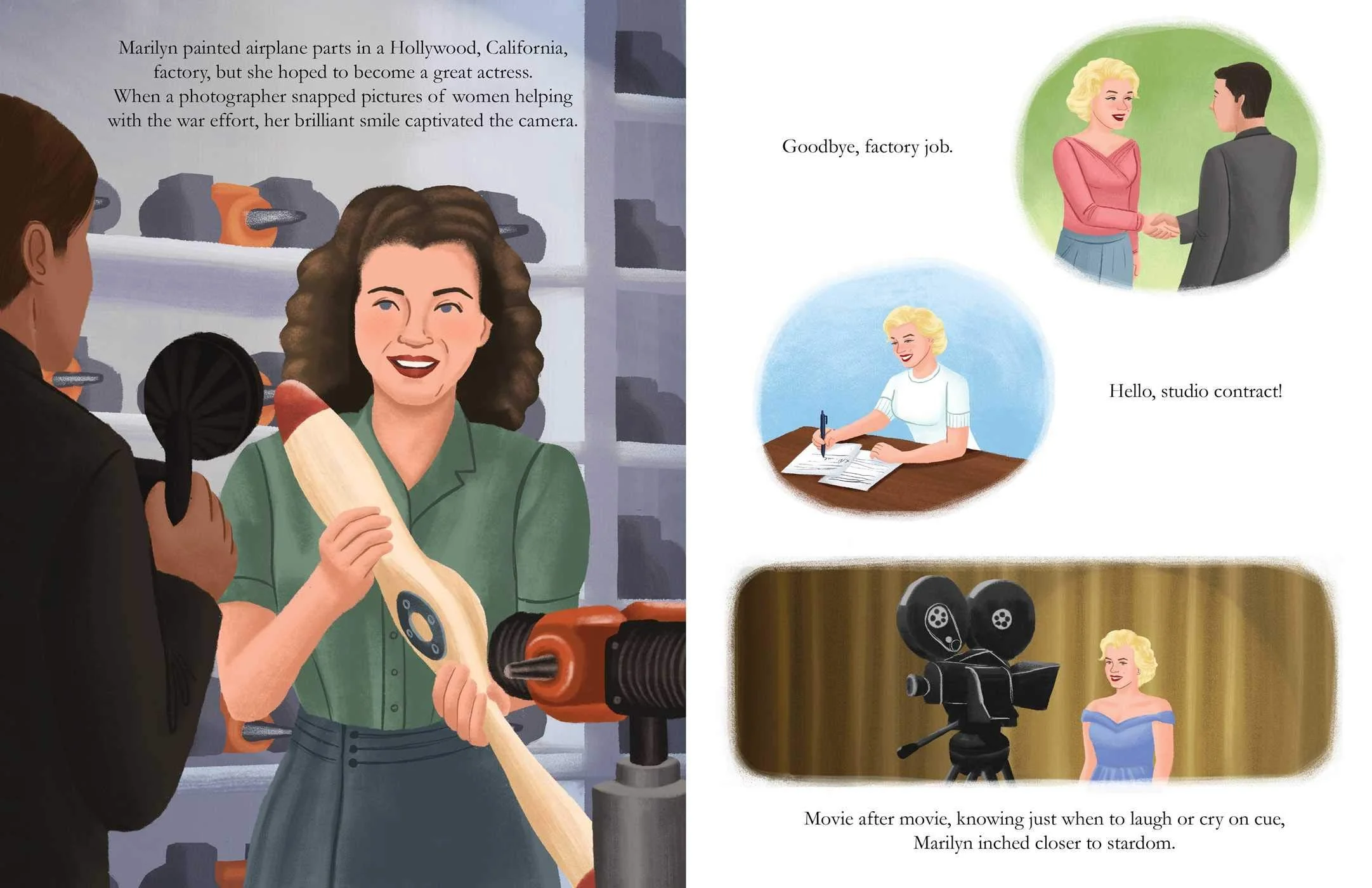 An outline of Marilyn Monroe's early life, pre-stardom. From the picture book Making Their Voices Heard, written by Vivian Kirkfield and illustrated by Alleanna Harris.
