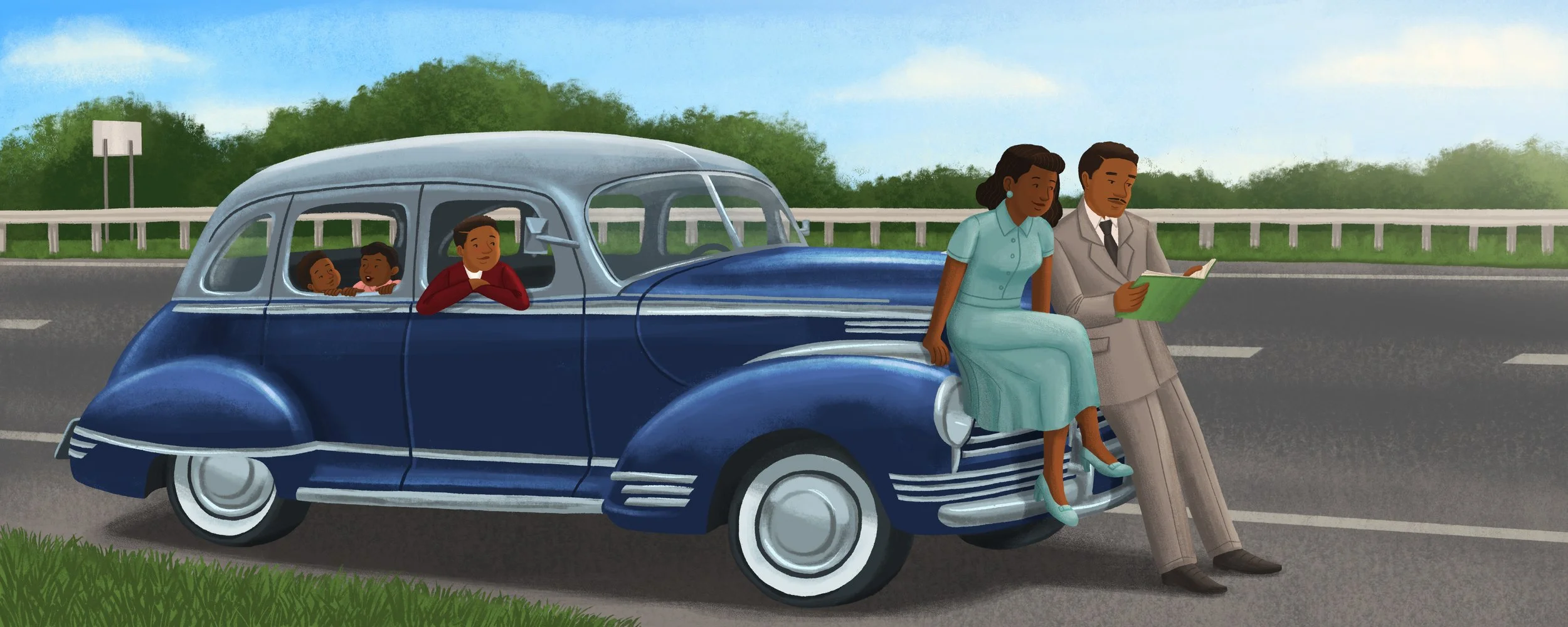 A Black couple reads the Green Book as they lean on their blue car parked on the side of the highway. Their three kids sit in the car and watch. From Opening the Road, written by Keila V. Dawson and illustrated by Alleanna Harris.