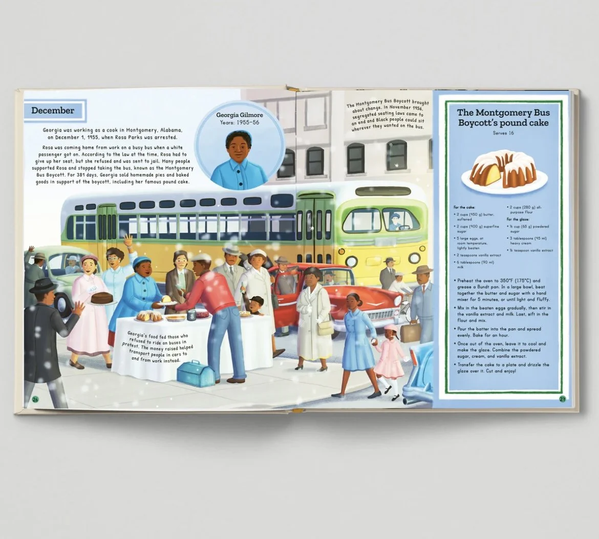 The December recipe is The Montgomery Bus Boycott's poundcake. The illustration is of Georgia Gilmore selling cakes to protesters.