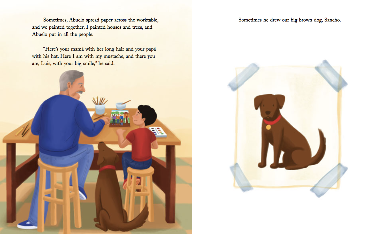 Luis and his Abuelo paint together. From the picture book The Day Abuelo Got Lost, written by Diane de Anda and illustrated by Alleanna Harris.