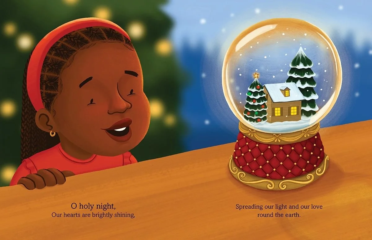 Zuri happily gazes upon her glowing Christmas snow globe. A sneak peek from the picture book O Holy Night, written and illustrated by Alleanna Harris.