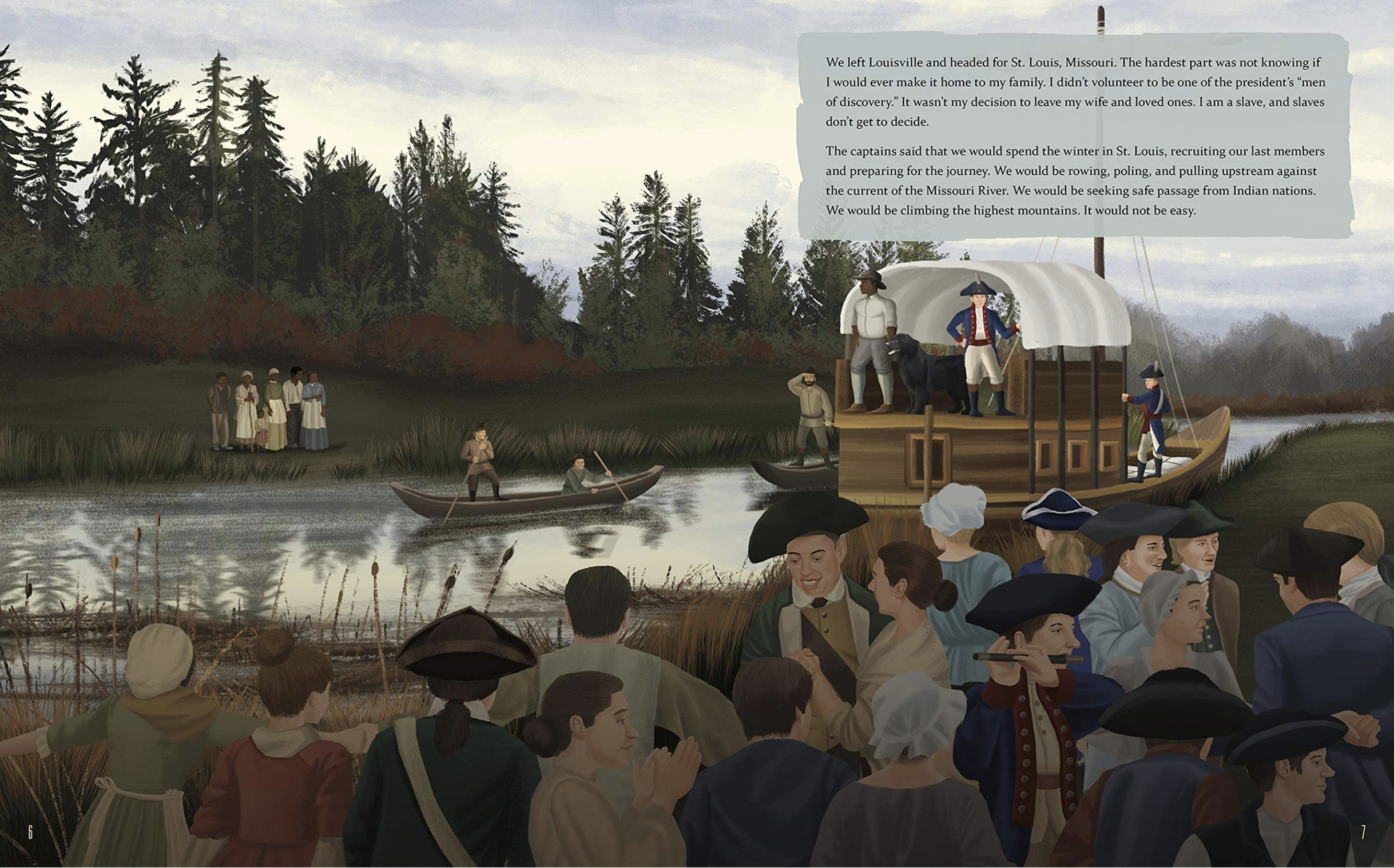 York and the expedition left Louisville and headed for St. Louis, Missouri. From the picture book The Journey of York, written by Hasan Davis and illustrated by Alleanna Harris.