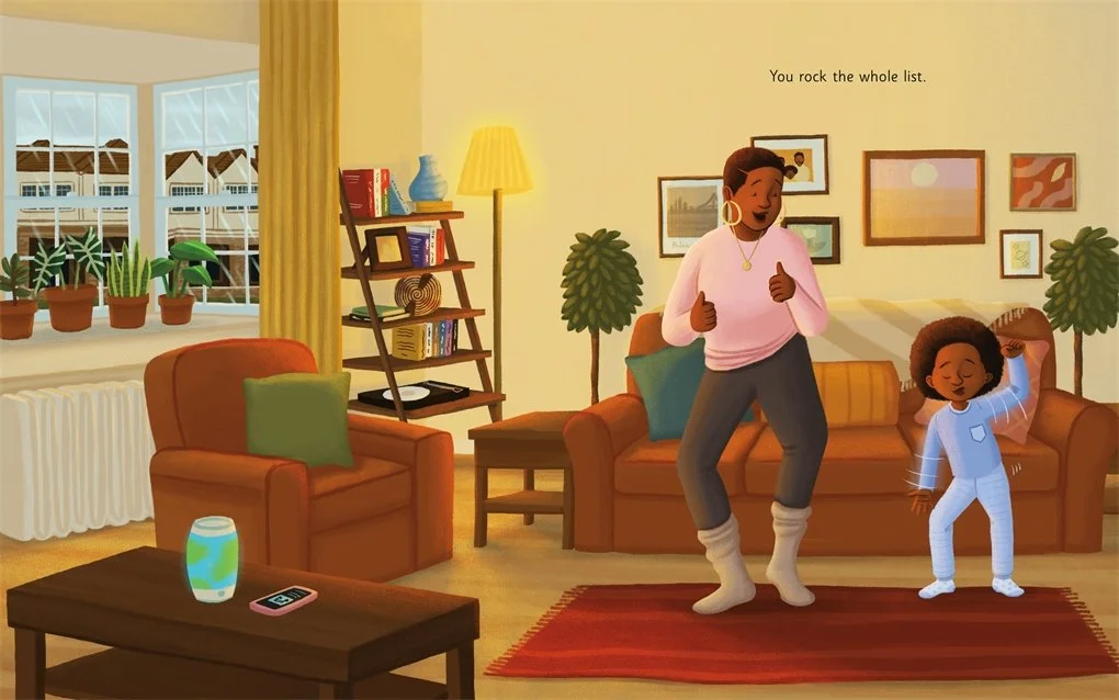 A little boy dances with his mom in the family room as the rain falls outside. From All the Greatness in You written by Tameka Fryer Brown and illustrated by Alleanna Harris.