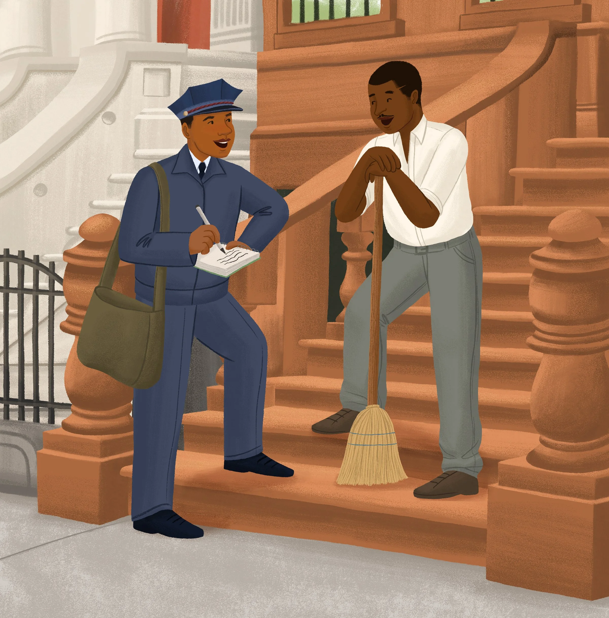 Victor Hugo Green, a Black mail carrier, takes notes as he talks to a man in the neighborhood. From Opening the Road, written by Keila V. Dawson and illustrated by Alleanna Harris.