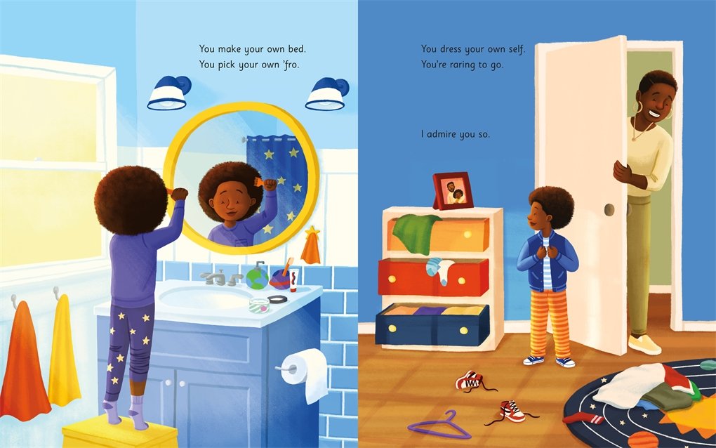 A little boy gets himself ready for school as his mom looks on. From All the Greatness in You by Tameka Fryer Brown and illustrated by Alleanna Harris.