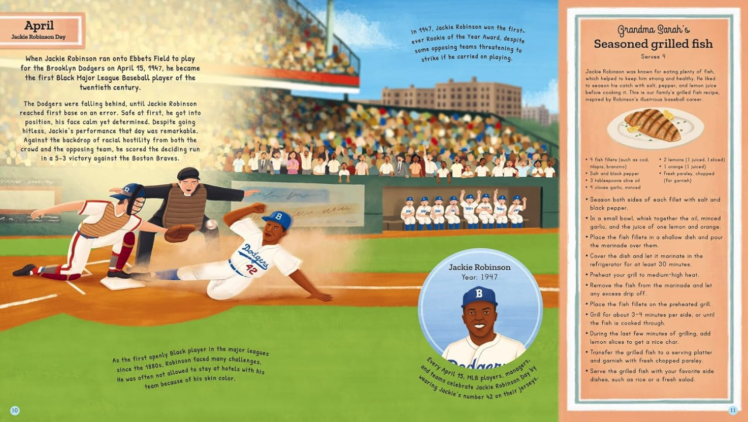Jackie Robinson slides into home base at Ebbets Field. From Cooking Up Change by Michael Platt and illustrated by Alleanna Harris.