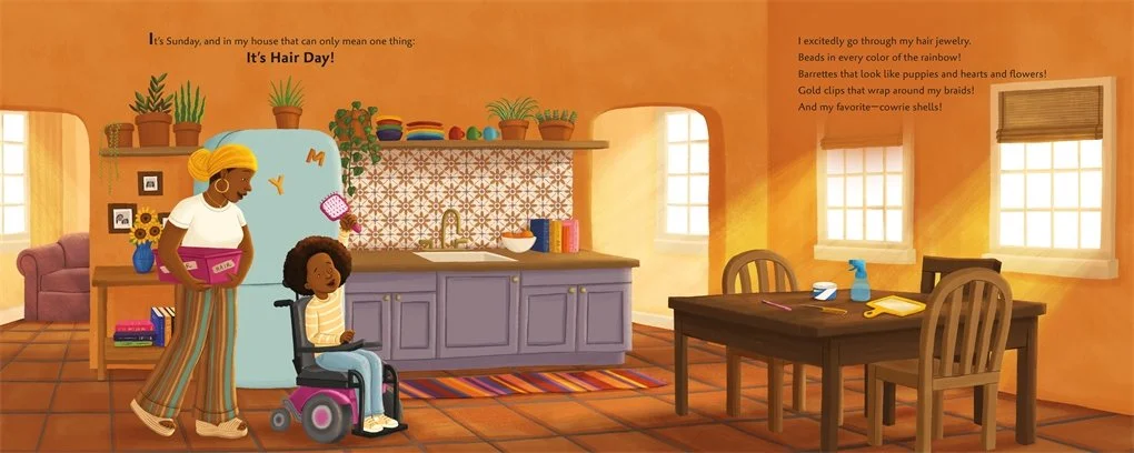 Yadira and her mami walk toward the kitchen table because it's hair day. From Oshún and Me by Adiba Nelson and illustrated by Alleanna Harris.