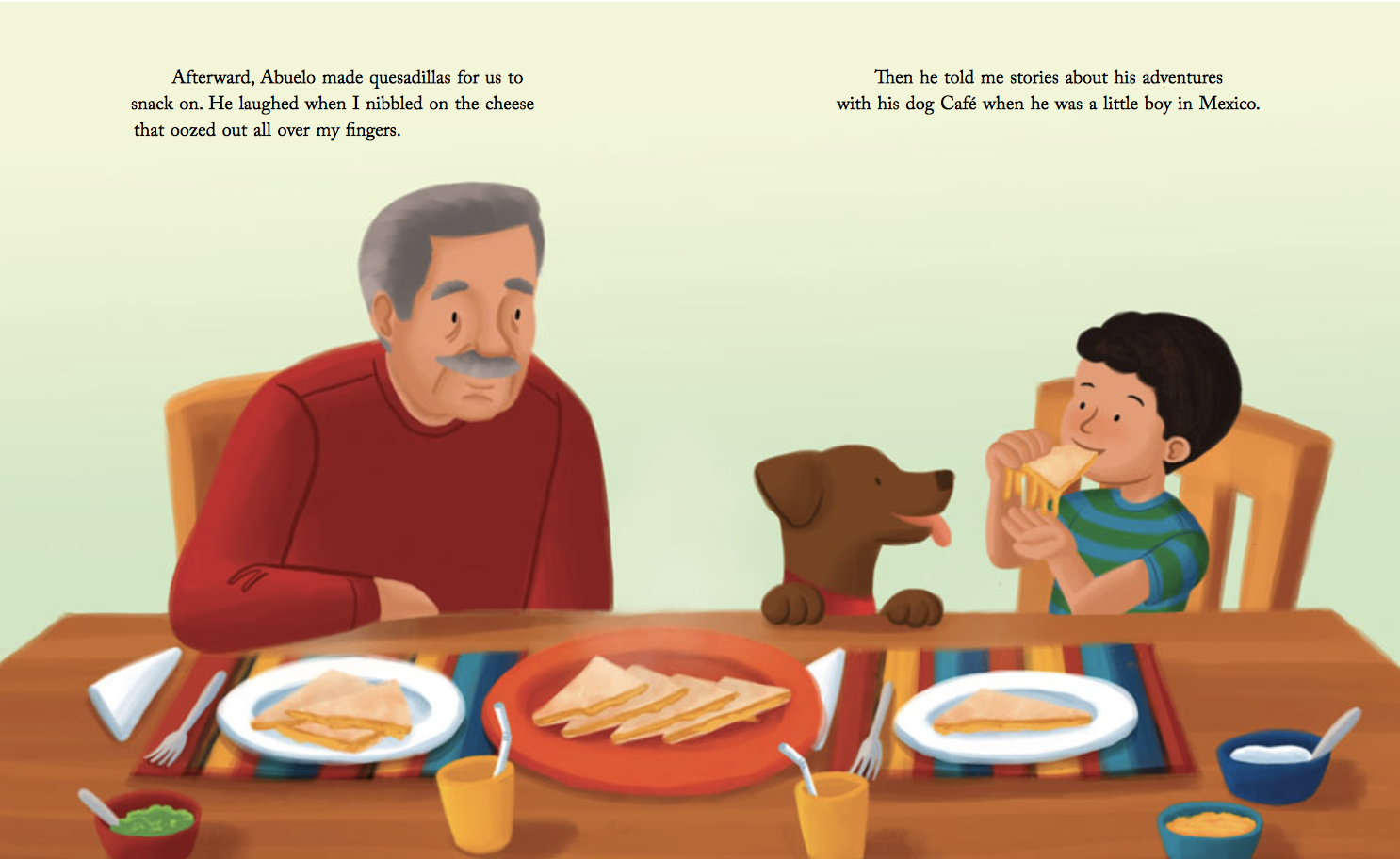 Abuelo and Luis eat quesadillas. From the picture book The Day Abuelo Got Lost, written by Diane de Anda and illustrated by Alleanna Harris.
