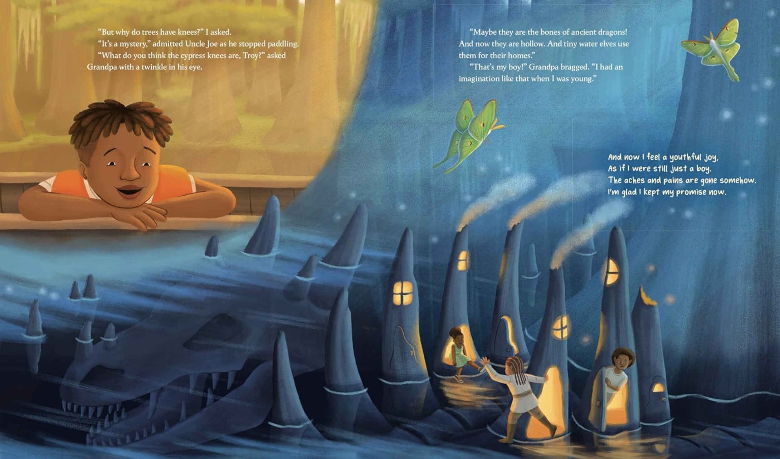 Troy actively imagines what cypress knees are. He sees small water elves, and the bones of ancient dragons.
