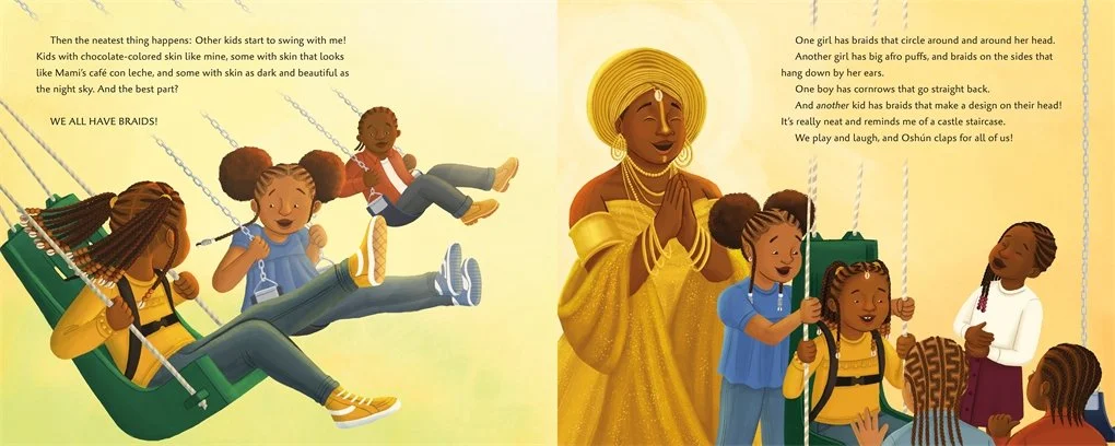 Yadira swings with kids who wear braids too. Oshún claps for them. From Oshún and Me by Adiba Nelson and illustrated by Alleanna Harris.
