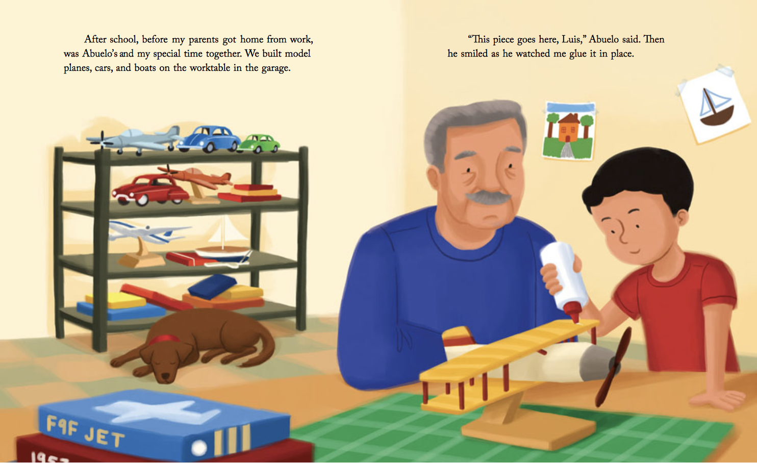 Luis and his Abuelo build models together in the garage. From the picture book The Day Abuelo Got Lost, written by Diane de Anda and illustrated by Alleanna Harris.