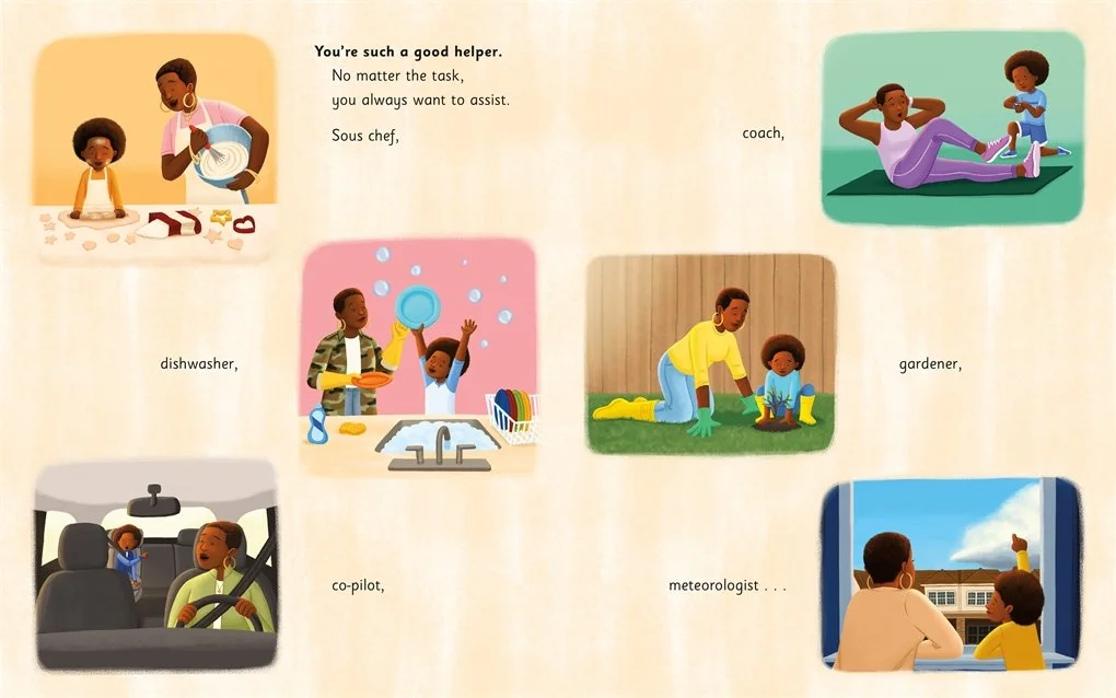 A little boy helps his mom in various ways in and out the house. From All the Greatness in You written by Tameka Fryer Brown and illustrated by Alleanna Harris.