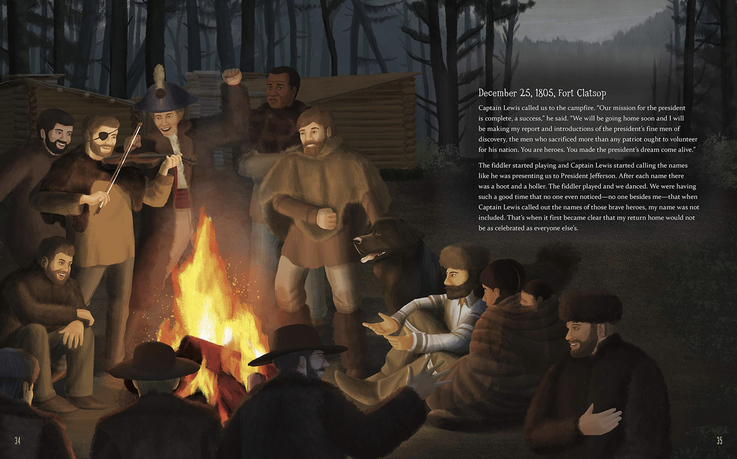 York is not included in the celebration of the end of the Lewis and Clark Expedition. From the picture book The Journey of York, written by Hasan Davis and illustrated by Alleanna Harris.