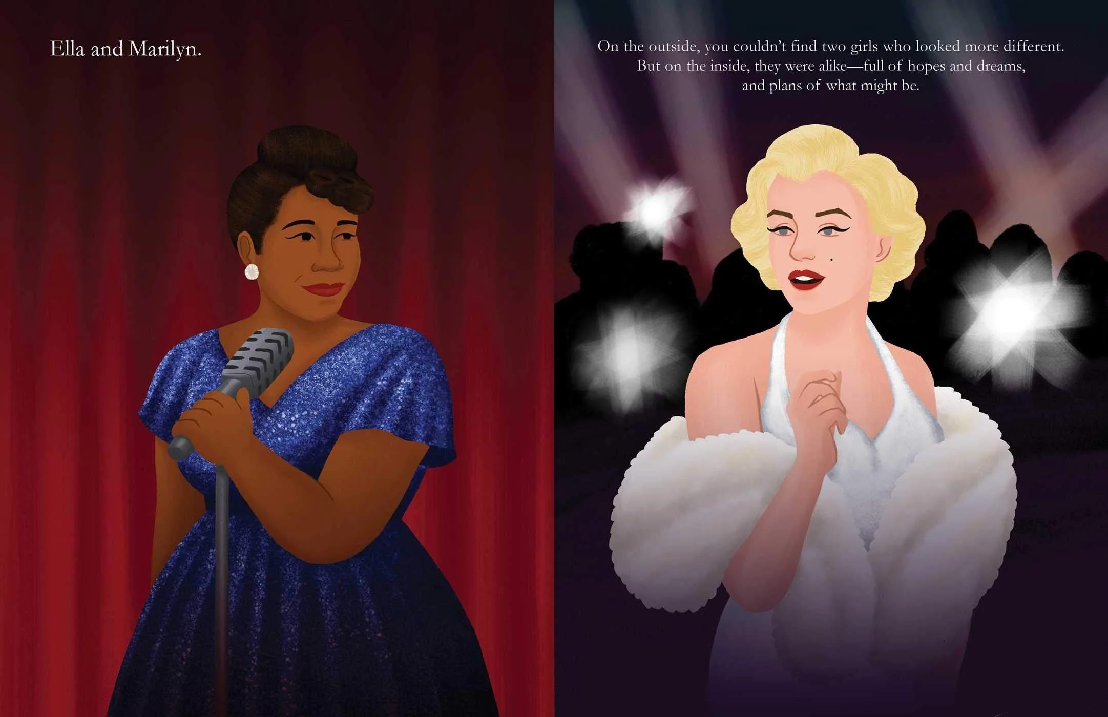 Ella Fitzgerald and Marilyn Monroe. From the picture book, Making Their Voices Heard, written by Vivian Kirkfield and illustrated by Alleanna Harris.
