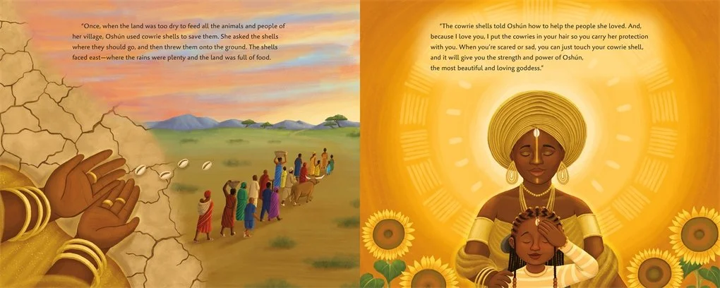 Oshún throws cowrie shells to guide her people and Yadira too. From Oshún and Me, by Adiba Nelson and illustrated by Alleanna Harris.